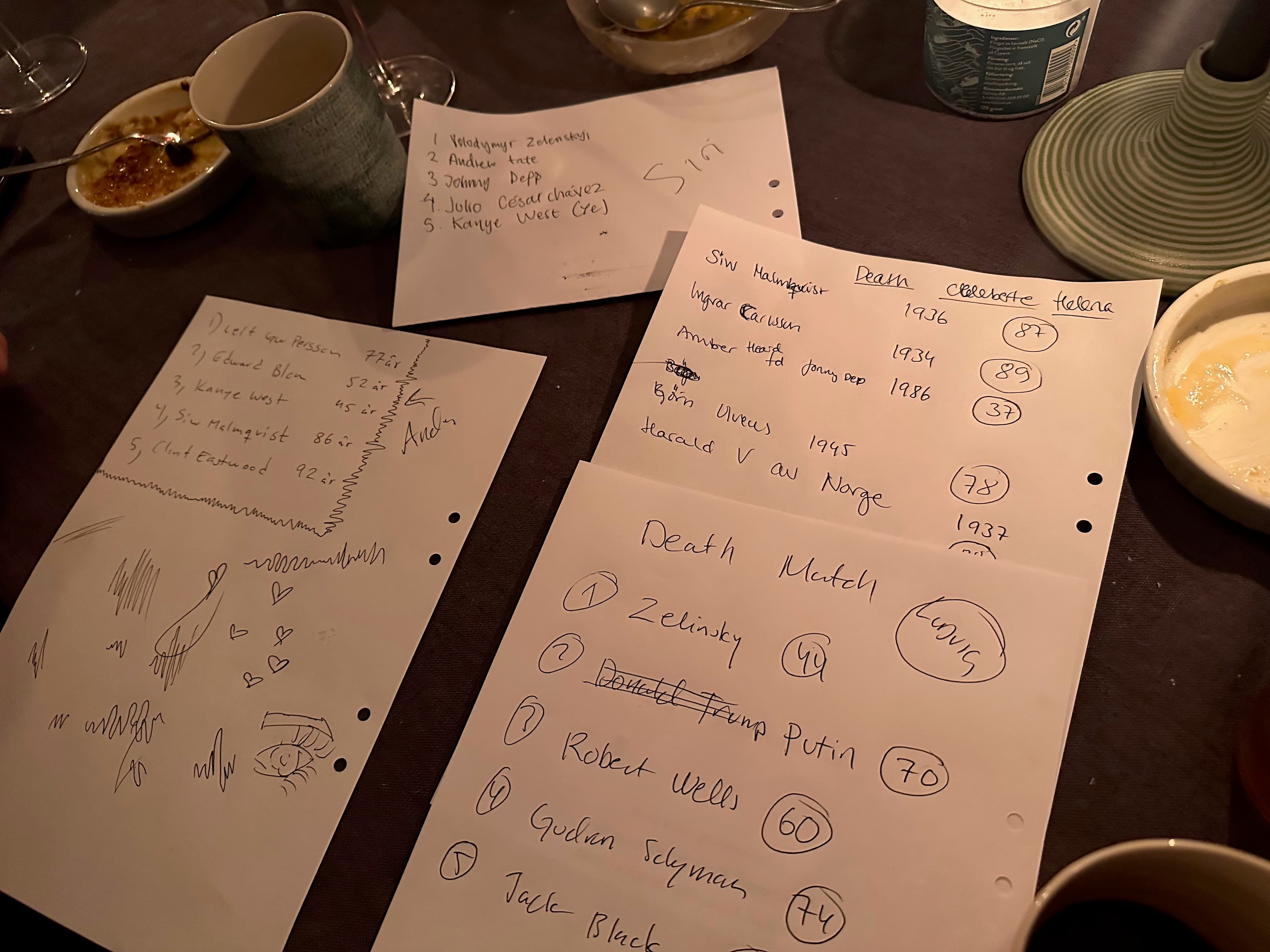 Handwritten pick lists on a dinner table, from the analog DeathMatch 2023 match
